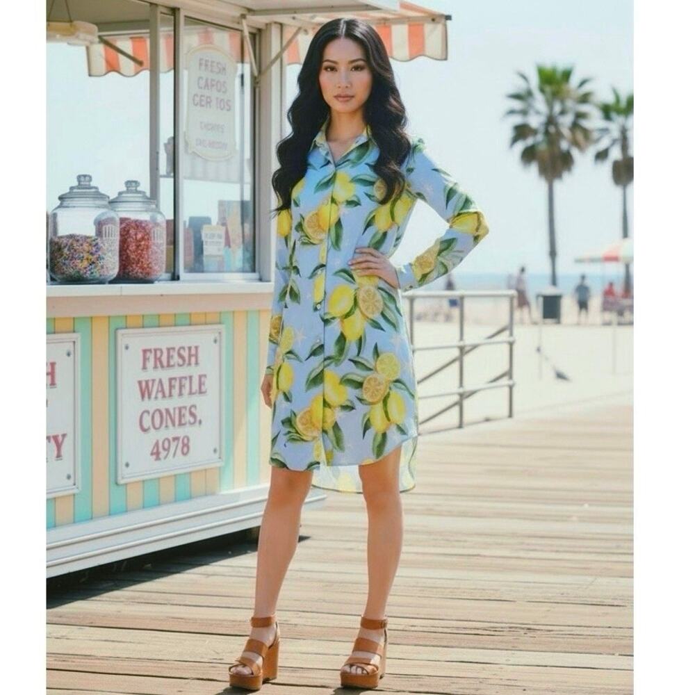Bululu Lemon Print Shirt Dress Blue Satin Resort Coastal Vacation Size Small